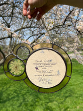 Load image into Gallery viewer, Backside of piece showing artist signature, title, date, medium used - Jewel wasp (green and dark blue) on dyed light pink/yellow/purple paper as central piece in large left circle. Two more circles on right side. Second smallest encases pressed Wild carrot in clear glass. Smallest circle is above Wild carrot with textured iridescent glass. Entire piece has light yellow border.