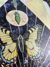 Load image into Gallery viewer, Close up - Swallowtail Life cycle depicts full grown swallowtail, larvae, and cocoon in vertical row. Blue/purple and metallic hand dyed background in geometrical shape (pointed top, angled sides, flat bottom). Artwork is on yellow iridescent glass to mimic original piece. 11x14&quot; reproduction giclée print of Swallowtail Life Cycle with a 1.25&quot; deckled edge border
