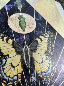 Close up - Swallowtail Life cycle depicts full grown swallowtail, larvae, and cocoon in vertical row. Blue/purple and metallic hand dyed background in geometrical shape (pointed top, angled sides, flat bottom). Artwork is on yellow iridescent glass to mimic original piece. 11x14" reproduction giclée print of Swallowtail Life Cycle with a 1.25" deckled edge border