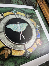 Load image into Gallery viewer, Alternate angle showing metallic shine - Luna moth medallion print. Luna moth is in central circle on black background with segmented border of vintage book pages. Third and outermost rung is gold mirror with bronze flecks, pressed wildflowers, and glass bevels in alternating border. 12x12" reproduction giclée print of Vintage Luna with a 1.25" deckled edge border