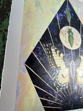 Load image into Gallery viewer, Left side view - Swallowtail Life cycle depicts full grown swallowtail, larvae, and cocoon in vertical row. Blue/purple and metallic hand dyed background in geometrical shape (pointed top, angled sides, flat bottom). Artwork is on yellow iridescent glass to mimic original piece. 11x14" reproduction giclée print of Swallowtail Life Cycle with a 1.25" deckled edge border