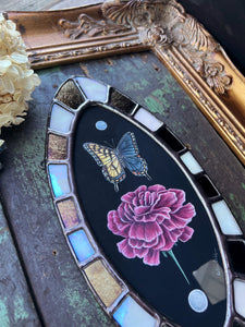 Full photo- bilateral gynandromorph swallowtail with pink carnations gouache painting encased in glass with bronze/black and white/opal checkered border.