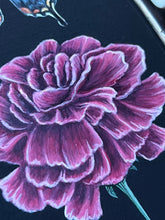Load image into Gallery viewer, Close up of pink/red carnation painting. Sits below and in line with swallowtail and painted pearl
