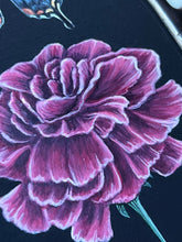 Load image into Gallery viewer, Close up of pink/red carnation painting. Sits below and in line with swallowtail and painted pearl