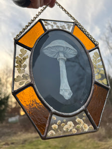 Full view with setting sun in background. Shows amber coloring. Painted white porcelain fungus on black background in center with alternating amber glass and clear glass with floral inclusion border. Gouache on paper with pressed gypsophila and maidenhair fern set between glass, with amber glass.