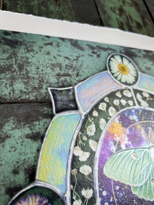 Close up of piece to show metallic shine and 1” decked edge border - galaxy Luna moth art print 