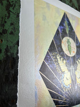 Load image into Gallery viewer, Left side of piece showing deckled edge border - Swallowtail Life cycle depicts full grown swallowtail, larvae, and cocoon in vertical row. Blue/purple and metallic hand dyed background in geometrical shape (pointed top, angled sides, flat bottom). Artwork is on yellow iridescent glass to mimic original piece. 8x10&quot; reproduction giclée print of Swallowtail Life Cycle with a 1.25&quot; deckled edge border
