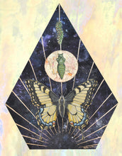 Load image into Gallery viewer, Swallowtail Life cycle depicts full grown swallowtail, larvae, and cocoon in vertical row. Blue/purple and metallic hand dyed background in geometrical shape (pointed top, angled sides, flat bottom). Artwork is on yellow iridescent glass to mimic original piece. 8x10&quot; reproduction giclée print of Swallowtail Life Cycle with a 1.25&quot; deckled edge border
