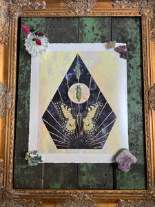 Swallowtail Life cycle depicts full grown swallowtail, larvae, and cocoon in vertical row. Blue/purple and metallic hand dyed background in geometrical shape (pointed top, angled sides, flat bottom). Artwork is on yellow iridescent glass to mimic original piece. 11x14" reproduction giclée print of Swallowtail Life Cycle with a 1.25" deckled edge border