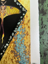 Load image into Gallery viewer, Close up to show metallic shine and decked edge border - 8x12" reproduction giclée print of Comet Moth + Gypsophila with a 1.25" deckled edge border
