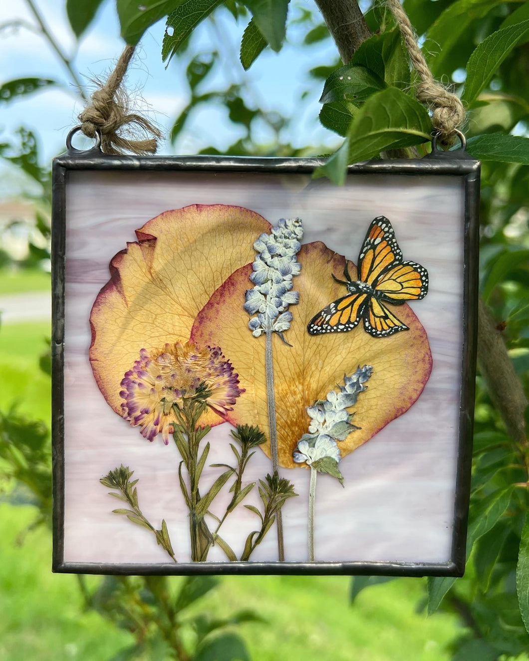 Monarch butterfly painted in gouache on paper with rose petals, lavender, and purple clover with solid wispy light purple glass backing. Square shaped artwork with twine hanging at top.
