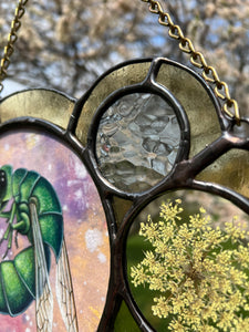 Secondary close up of smaller circles (Wild carrot and textured clear iridescent) - Jewel wasp (green and dark blue) on dyed light pink/yellow/purple paper as central piece in large left circle. Two more circles on right side. Second smallest encases pressed Wild carrot in clear glass. Smallest circle is above Wild carrot with textured iridescent glass. Entire piece has light yellow border.