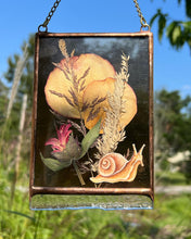 Load image into Gallery viewer, Painted snail in gouache on paper with ressed rose petals, bee balm, and wild grasses with dark purple glass backing and glass end on bottom to mimic SNAIL SLIME. Rectangle shape with gold hanging chain.
