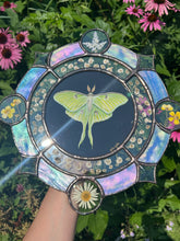 Load image into Gallery viewer, Gouache on paper, and flora set between glass with iridescent glass border in cool tones and bevels. Medallion shape with three rungs - center is painted green Luna moth on black background (circle shape), second ring is segmented circle of pressed gypsophila in clear glass, third and outer ring consists of alternating blue iridescent glass, circles with pressed flowers, and diamond bevels.
