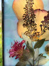 Load image into Gallery viewer, Close up of bee balm(pink) - Pressed rose petals, butterfly bush, bee balm, and Japanese anemone bud with iridescent blue/pink/purple glass backing. Rectangle shape with hanging twine at top.
