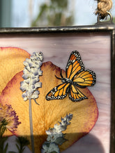 Load image into Gallery viewer, Close up of monarch painting and florals. Monarch butterfly painted in gouache on paper with rose petals, lavender, and purple clover with solid wispy light purple glass backing. Square shaped artwork with twine hanging at top.
