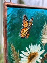 Load image into Gallery viewer, Monarch butterfly painted in gouache on paper with pressed shasta daisies, orange hawkweed, and wild grasses with transparent blue glass backing. Square shape with gold hanging chain. Close up view. 
