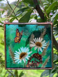 Close up view. Monarch butterfly painted in gouache on paper with pressed shasta daisies, orange hawkweed, and wild grasses with transparent blue glass backing. Square shape with gold hanging chain.