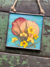 Load image into Gallery viewer, Alternate view to show more glass coloring - Spring buttercups, rose petals, lace leaf maple with dark wispy green/blue glass backing
