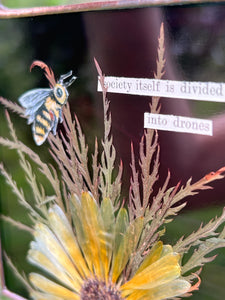 Close up of bee and text that system “Society itself is divided into drones” on two lines. Honeybee painted in gouache on paper with wildflower grasses and  yellow flower with dark purple/maroon glass backing. Artwork is square shape with chain hanging.