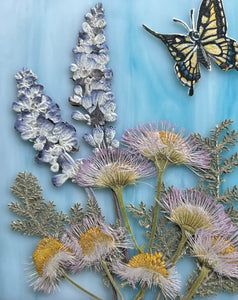 Close up of details - Swallowtail butterfly painted in gouache on paper with light pink aster, lavender, and silver lace fern with light wispy blue glass backing. Square shaped artwork with twine hanging.