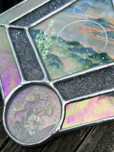 Load image into Gallery viewer, Floral close up. Gouache landscape set between glass with pressed wildflowers. Iridescent pink and textured clear glass border.
