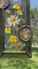 Load and play video in Gallery viewer, Video - Wild grasses and daisies encased in glass with dark green glass borders segmented by two gouache monarch paintings  encased in clear glass circles. Rectangle shape with brass hanging chain at top. Center glass is clear.

