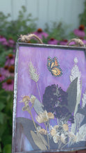 Load and play video in Gallery viewer, Video - Painted monarch butterfly in gouache on paper with pressed butterfly bush flower, aster, and wild grasses with iridescent wispy pink glass backing. Rectangle shape with twine hanging.
