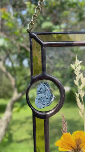 Video - Wildflowers and yellow poppy encased in glass with yellow glass borders segmented by two light blue moth circles. Rectangle shape with brass hanging chain at top. Center glass is clear.