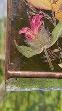 Load and play video in Gallery viewer, Video - Painted snail in gouache on paper with ressed rose petals, bee balm, and wild grasses with dark purple glass backing and glass end on bottom to mimic SNAIL SLIME. Rectangle shape with gold hanging chain.
