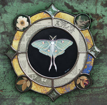 Load image into Gallery viewer, Full printed view only. Luna moth medallion print. Luna moth is in central circle on black background with segmented border of vintage book pages. Third and outermost rung is gold mirror with bronze flecks, pressed wildflowers, and glass bevels in alternating border. 12x12&quot; reproduction giclée print of Vintage Luna with a 1.25&quot; deckled edge border
