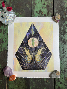 Swallowtail Life cycle depicts full grown swallowtail, larvae, and cocoon in vertical row. Blue/purple and metallic hand dyed background in geometrical shape (pointed top, angled sides, flat bottom). Artwork is on yellow iridescent glass to mimic original piece. 8x10" reproduction giclée print of Swallowtail Life Cycle with a 1.25" deckled edge border