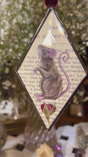 Video - Painted brown mouse and golden stars. Diamond shape. Gouache and gilding paint on vintage book page in beveled glass.