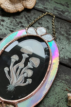 Load image into Gallery viewer, Close up - Gouache and holographic powder on paper with pressed wild mushroom, fern, and cosmos flowers set between pink rainbow iridescent glass - view shows shine of bevel
