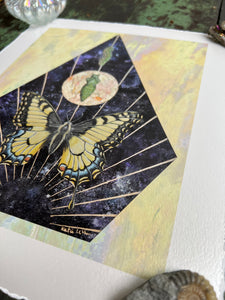 Bottom angle to show metallic shine - Swallowtail Life cycle depicts full grown swallowtail, larvae, and cocoon in vertical row. Blue/purple and metallic hand dyed background in geometrical shape (pointed top, angled sides, flat bottom). Artwork is on yellow iridescent glass to mimic original piece. 8x10" reproduction giclée print of Swallowtail Life Cycle with a 1.25" deckled edge border