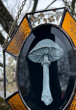 Load image into Gallery viewer, Close up of left side with light backdrop - Painted white porcelain fungus on black background in center with alternating amber glass and clear glass with floral inclusion border. Gouache on paper with pressed gypsophila and maidenhair fern set between glass, with amber glass.
