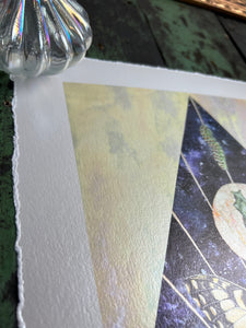 Left side of piece showing deckled edge border - Swallowtail Life cycle depicts full grown swallowtail, larvae, and cocoon in vertical row. Blue/purple and metallic hand dyed background in geometrical shape (pointed top, angled sides, flat bottom). Artwork is on yellow iridescent glass to mimic original piece. 8x10" reproduction giclée print of Swallowtail Life Cycle with a 1.25" deckled edge border