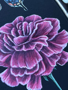 Close up of pink/red carnation painting. Sits below and in line with swallowtail and painted pearl