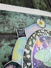 Load image into Gallery viewer, Close up of piece to show metallic shine and 1” decked edge border - galaxy Luna moth art print 
