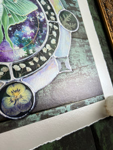 Close up of piece to show metallic shine and 1” decked edge border - galaxy Luna moth art print 