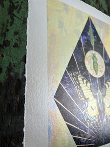 Left side of piece showing deckled edge border - Swallowtail Life cycle depicts full grown swallowtail, larvae, and cocoon in vertical row. Blue/purple and metallic hand dyed background in geometrical shape (pointed top, angled sides, flat bottom). Artwork is on yellow iridescent glass to mimic original piece. 8x10" reproduction giclée print of Swallowtail Life Cycle with a 1.25" deckled edge border