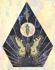 Swallowtail Life cycle depicts full grown swallowtail, larvae, and cocoon in vertical row. Blue/purple and metallic hand dyed background in geometrical shape (pointed top, angled sides, flat bottom). Artwork is on yellow iridescent glass to mimic original piece. 8x10" reproduction giclée print of Swallowtail Life Cycle with a 1.25" deckled edge border