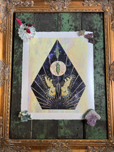 Load image into Gallery viewer, Swallowtail Life cycle depicts full grown swallowtail, larvae, and cocoon in vertical row. Blue/purple and metallic hand dyed background in geometrical shape (pointed top, angled sides, flat bottom). Artwork is on yellow iridescent glass to mimic original piece. 11x14&quot; reproduction giclée print of Swallowtail Life Cycle with a 1.25&quot; deckled edge border
