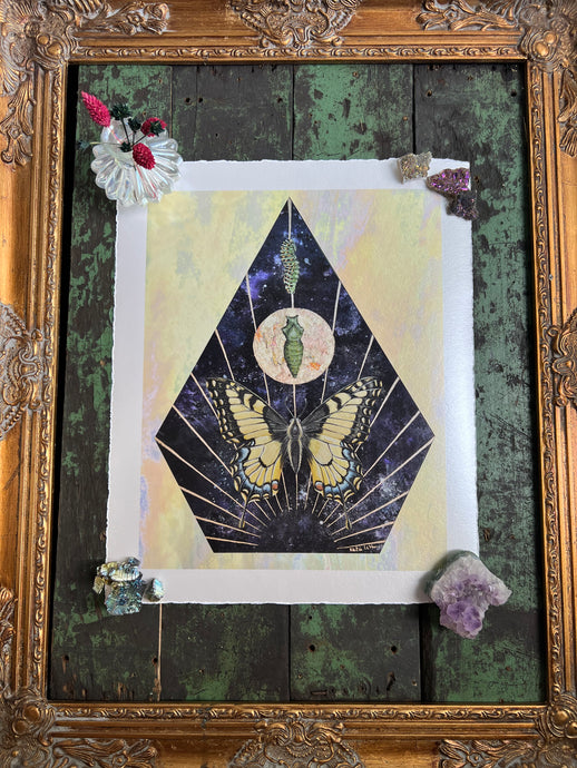 Swallowtail Life cycle depicts full grown swallowtail, larvae, and cocoon in vertical row. Blue/purple and metallic hand dyed background in geometrical shape (pointed top, angled sides, flat bottom). Artwork is on yellow iridescent glass to mimic original piece. 11x14