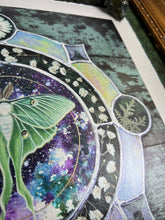 Load image into Gallery viewer, Close up of piece to show metallic shine and 1” decked edge border - galaxy Luna moth art print 
