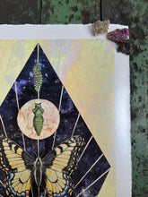 Load image into Gallery viewer, Top right angle showing deckled edge border - Swallowtail Life cycle depicts full grown swallowtail, larvae, and cocoon in vertical row. Blue/purple and metallic hand dyed background in geometrical shape (pointed top, angled sides, flat bottom). Artwork is on yellow iridescent glass to mimic original piece. 11x14&quot; reproduction giclée print of Swallowtail Life Cycle with a 1.25&quot; deckled edge border
