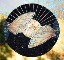 Load image into Gallery viewer, Sun Moon print of original cicada artwork. Two cicadas painted within a circle shape. Cicadas are bisected down center and each is facing the opposite direction. Black background with gold paint showing sunburst on one half and stars on the second half. Gold background that reflects the mirror used the original artwork. 8x8&quot; reproduction giclée print of Sun | Moon Cicada with a 1.25&quot; deckled edge border
