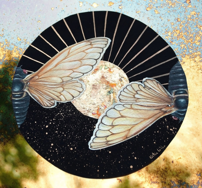 Sun Moon print of original cicada artwork. Two cicadas painted within a circle shape. Cicadas are bisected down center and each is facing the opposite direction. Black background with gold paint showing sunburst on one half and stars on the second half. Gold background that reflects the mirror used the original artwork. 8x8