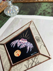 Angled photo to show metallic shine - Pink jumping spider on black background (diamond shape), with border of piece vintage book inclusions showing words and poppy illustration. On light white/grey iridescent background. 8x10" reproduction giclée print of Jumping Spider + Vintage Poppy floral encyclopedia pages, with a 1.25" deckled edge border.
