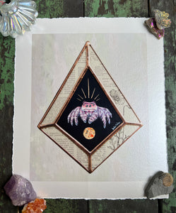 Pink jumping spider on black background (diamond shape), with border of piece vintage book inclusions showing words and poppy illustration. On light white/grey iridescent background. 8x10" reproduction giclée print of Jumping Spider + Vintage Poppy floral encyclopedia pages, with a 1.25" deckled edge border.